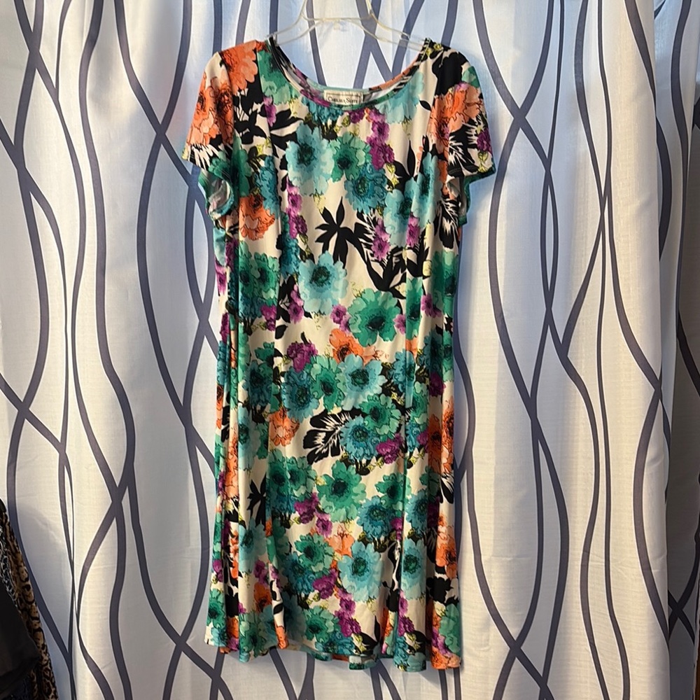 Orange and Green Sheath Midi Dress with Scoop Neck